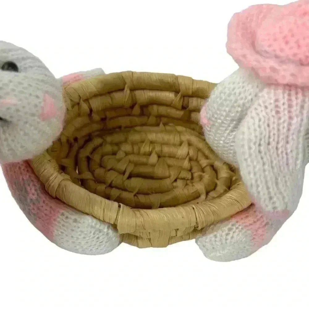 VINTAGE EASTER RATTAN WEAVED BASKET PLUSH KNIT BUNNIES HOLDING BASKET 6” - Picture 10 of 12